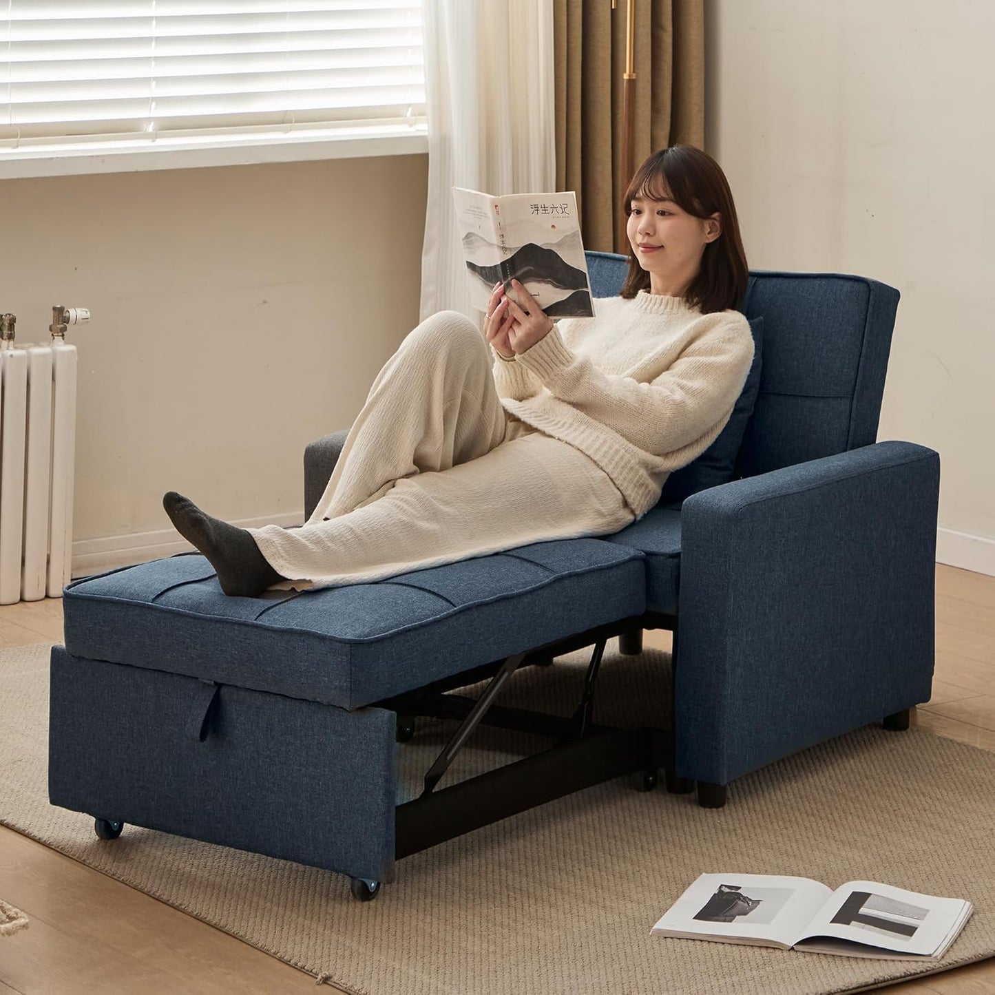 Sleeper Sofa Bed 3-In-1 Sleeper Chair Pull Out Bed, Futon Couch, Convertible Sofa Bed with Reclining Backrest, 35.6" (Blue)