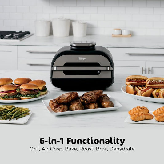 | Indoor Grill and Air Fryer| Foodi Smart XL | 6-In-1 Grill, Air Fry, Roast, Bake, Broil, Dehydrate & Crisp |Smart Thermometer & Splatter Shield | Dishwasher Safe Parts | Black/Silver | FG551