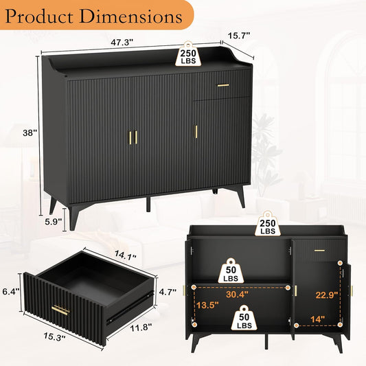 Sideboard Buffet Cabinet with Drawers: 47" Black Fluted Sideboard Cabinet with Storage, Modern Dining Room Cabinets Storage, Credenzas for Living Room(47")