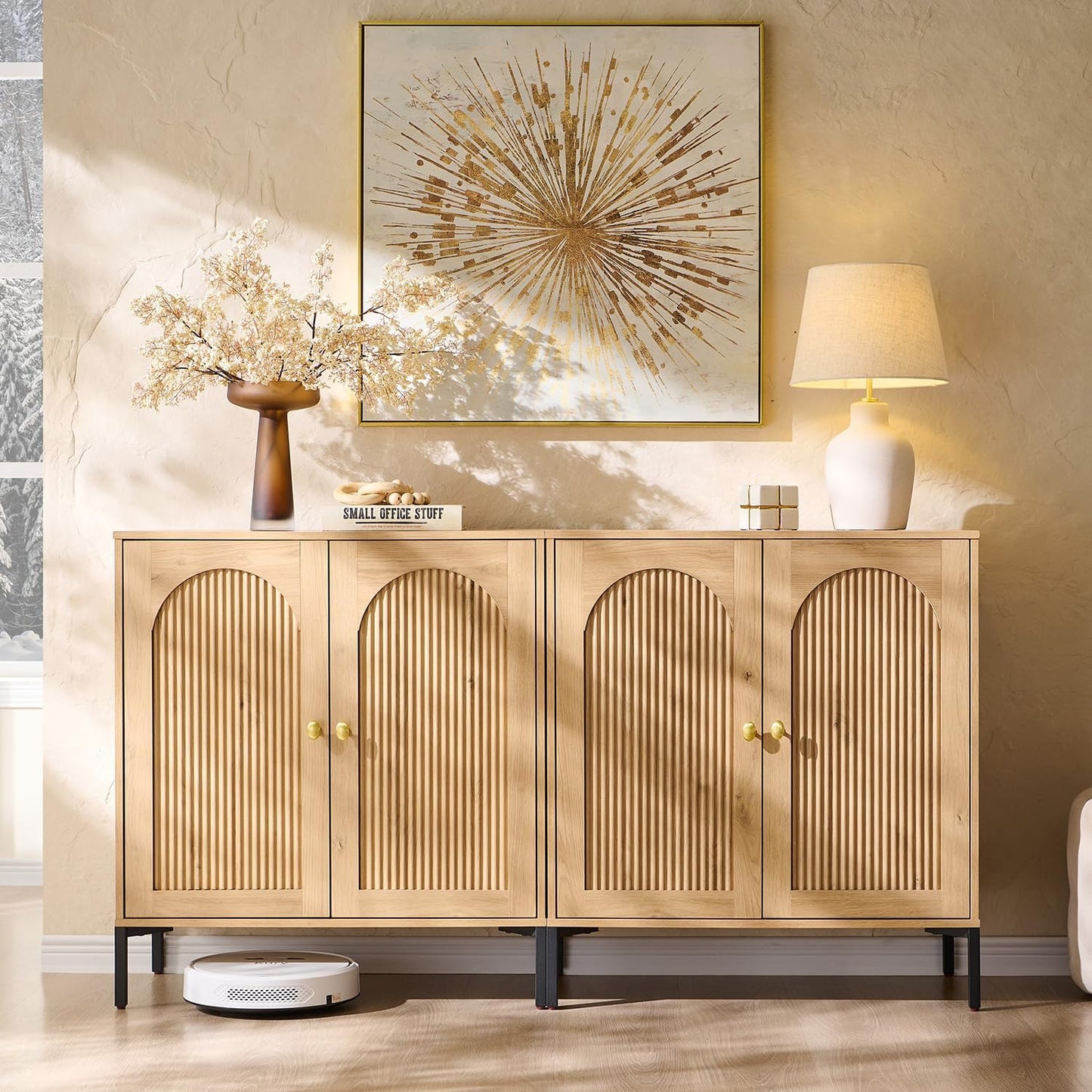 Modern Buffet Cabinet with Storage, 61.75" W Fluted Arched Sideboard Cabinet W/Adjustable Shelves, Wooden Modular Coffee Bar for Dining Room, Kitchen, Living Room, Entryway, Natural