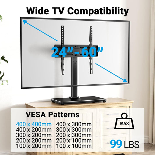 Universal Swivel TV Stand for 24-60 Inch Tvs up to 99 Lbs, 12 Height Adjustable Table Top TV Stand, TV Base Stand with Tempered Glass Base, Max VESA 400X400Mm, PSTVS33