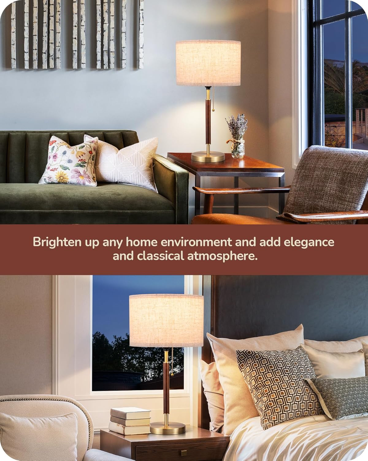 Mid Century Table Lamp, Bedside Lamp with Pull Chain Switch, Solid Wood & Metal Pole, Modern Nightstand Table Lamp for Living Room, Bedroom, Office, Frosted Bronze & Wood Finish