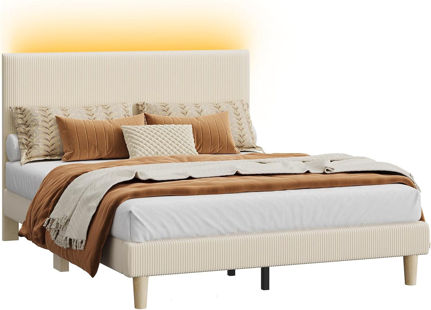 Bed Frame Queen Size with Headboard,Platform Bed Frame Upholstered with LED Lighting,Solid Wooden Bed Frame Slats Support,No Box Spring Needed, Never Squeaks, Easy Assembly,Beige