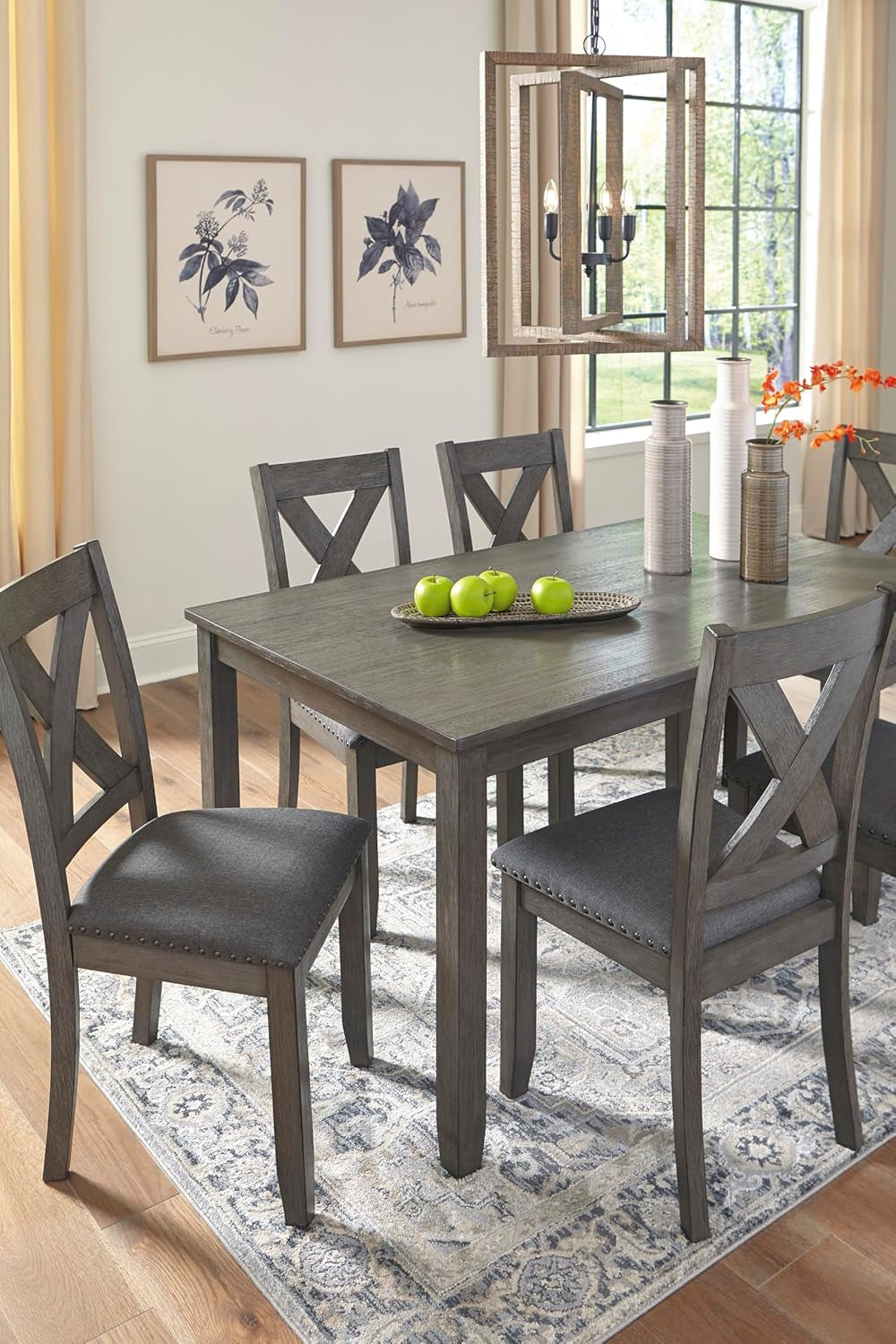 Caitbrook Rustic 7-Piece Dining Set – Rectangular Table with 6 X-Back Upholstered Chairs, Gray