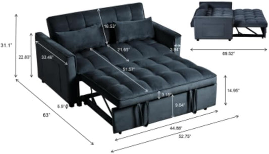 Convertible Sofa Bed, Pull Out Couch with Side Pockets, 3 in 1 Velvet Fabric Loveseat Sleeper Sofa Bed, Pull Out Couch with Adjustable Backrest for Living Room, Bedroom, Apartment, Black