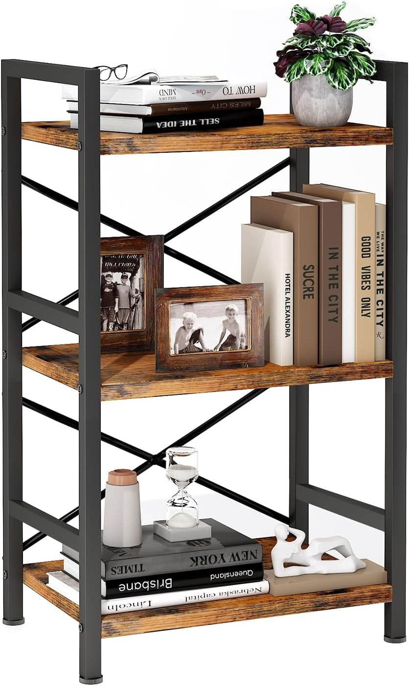 Bookshelf, 3 Tier Industrial Bookcase, Metal Small Bookcase, Rustic Etagere Book Shelf Storage Organizer for Living Room, Bedroom, and Home Office(Rustic Brown) Patent Pending D29873033