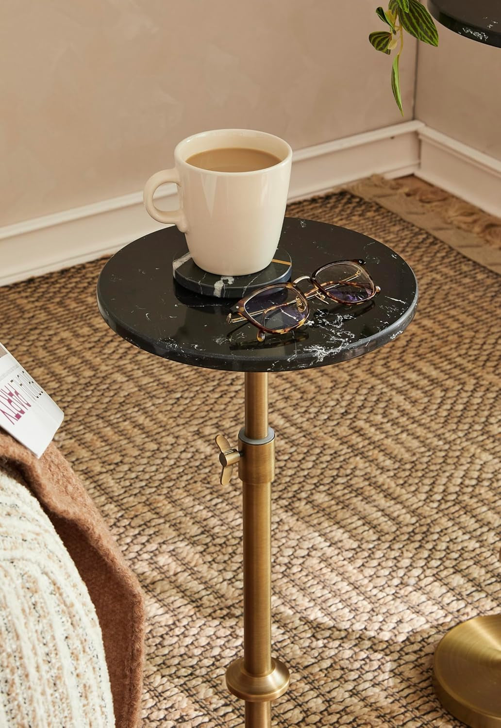 Adjustable-Height Marble Drink Table - 10X10X22-30, Black Marble & Antique Brass, Modern round End Table, Side Table with Pedestal Stand for Small Spaces, Vintage Metal Martini Cocktail Accent