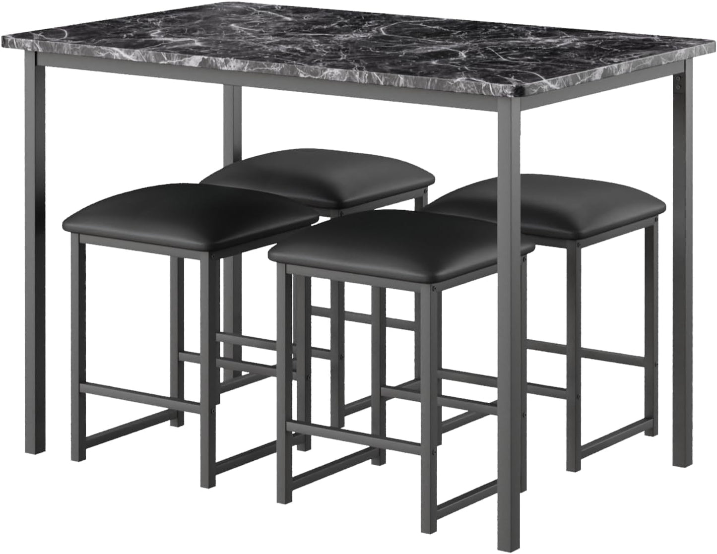 Kitchen Table and Chairs for 4, Dining Room Set with PU Chairs/Stools, Heavy-Duty Metal Frame, Faux Marble Tabletop, Space-Saving Design for Small Spaces, Easy Assembly, Veined Black