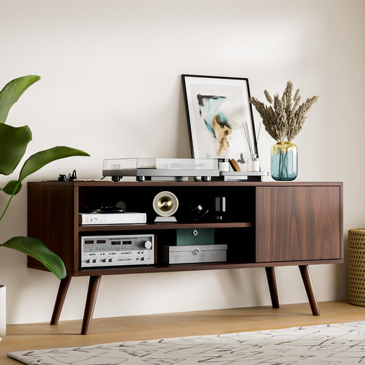 TV Stand for 48 Inch TV, Mid Century Modern Entertainment Center with Storage Cabinet, TV Media Console for Living Room, Bedroom, Dark Brown