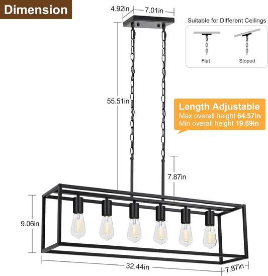 6 Light Black Chandeliers for Dining Room, Adjustable Height Linear Chandelier Kitchen Light Fixture, Modern Farmhouse Chandelier Rectangle Island Light for Kitchen Hanging Light Fixtures