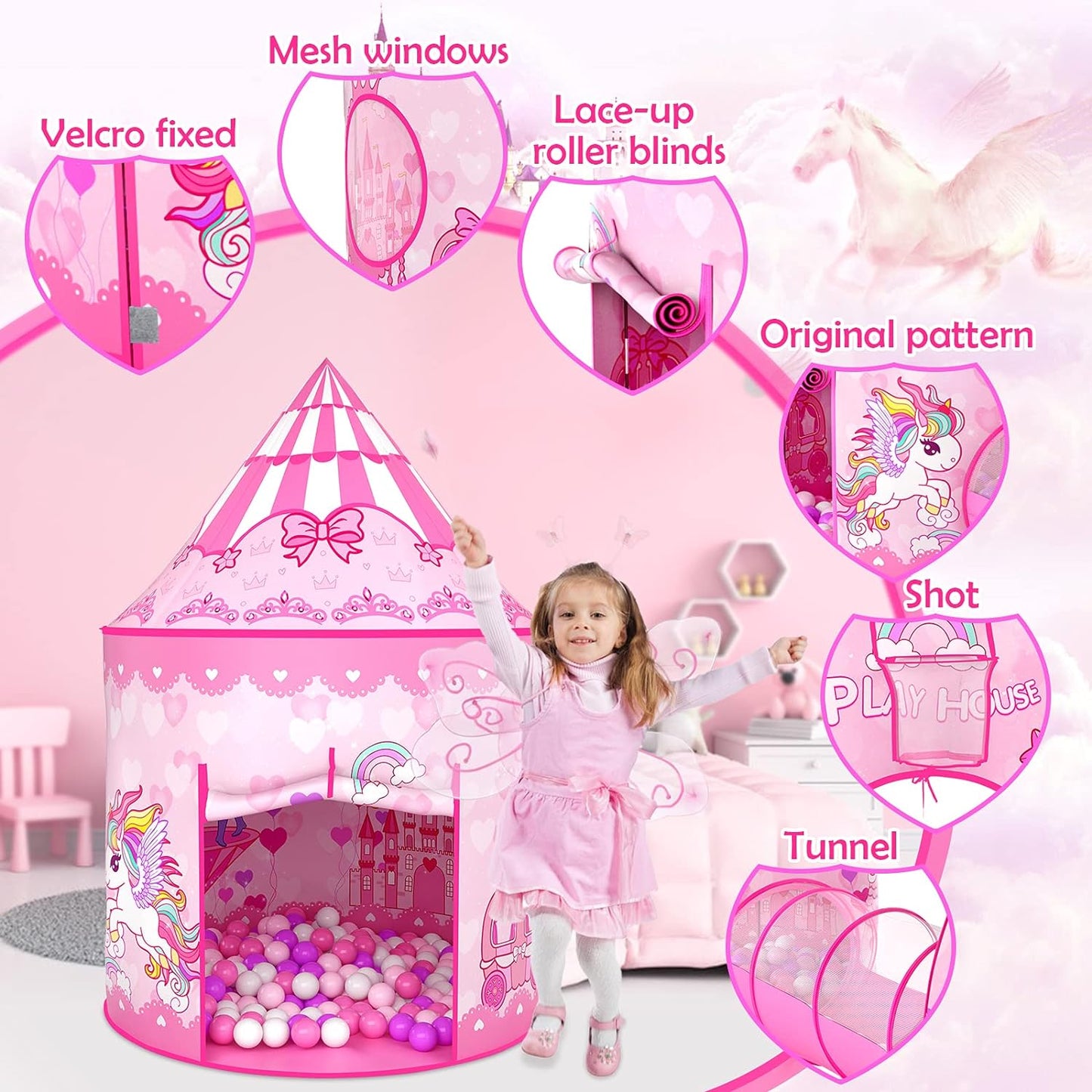 3PC Princess Tent for Girls with Kids Ball Pit and Crawl Tunnel for Toddlers, Pink Pop up Playhouse Toys Indoor& Outdoor for Birthday Gifts