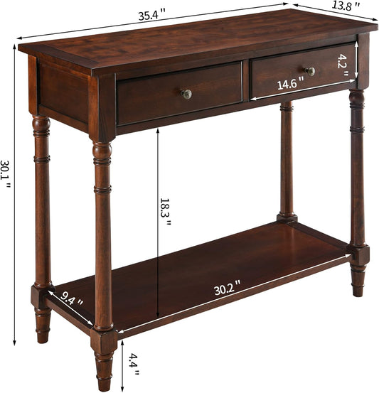 Solid Wood Console Table with 2 Drawers, 2-Tier 35.4" X 30" Accent Sofa Table with Multilayer Storage Shelf Rustic Hall Entryway Tables for Living Room Home Office-Brown