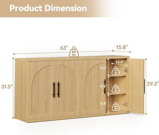 63" Fluted Buffet Cabinet with Storage, Modern Symmetrical Arched Sideboard Credenza with Adjustable Shelf, Elegant Wood Console Table for Dining Room, Kitchen, Living Room(Oak)