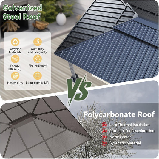 Hardtop Gazebo 10X12, Aluminum Frame Canopy with Double Galvanized Steel Roof, Outdoor Gazebo with Breathable Netting and Privacy Curtain for Backyard