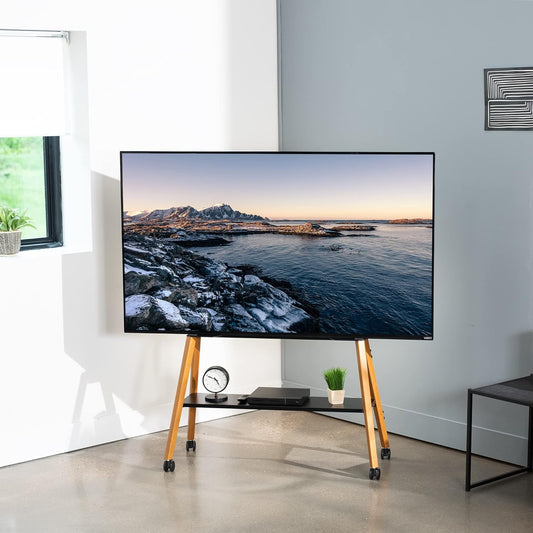 Rolling Artistic 43 to 75 Inch LED LCD Screen Mobile Studio TV Easel Stand, Wood Accessory Shelf, Adjustable TV Mount with 4 Walnut Legs, Black Frame, STAND-TV75R