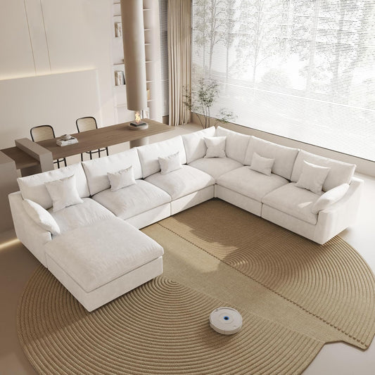 154" Modular Sectional Sofa Cloud Couch,Oversized Linen V-Shaped Sectional Sofa with Deep Seat, U-Shape 6-Seater Couch with Ottoman for Living Room in White
