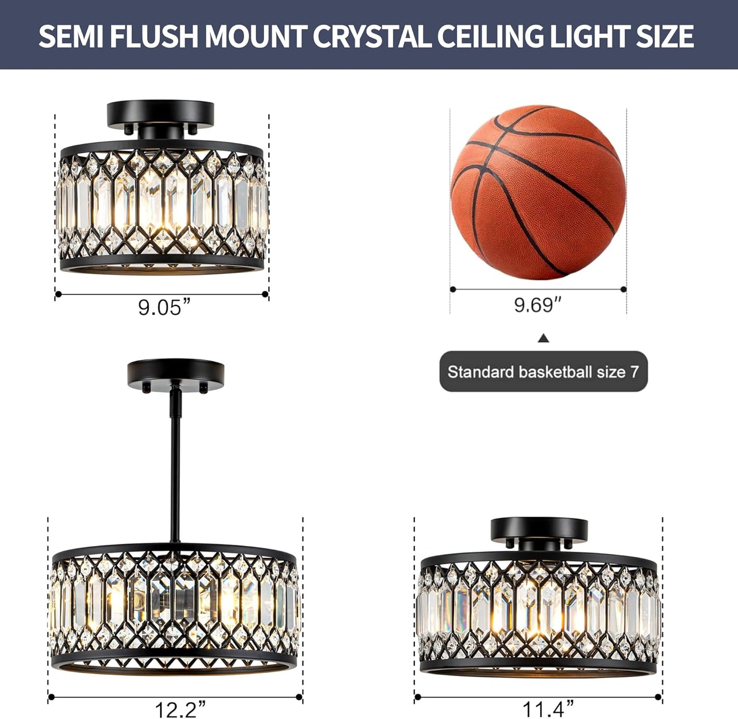 Crystal Ceiling Light, Black Flush Mount Ceiling Light Fixture, Flush Mount Chandelier, Light Fixture for Hallway, Entryway, Bathroom; Laundry Room, Kitchen, 1 Light, 9 Inch (Bulb NOT Included)