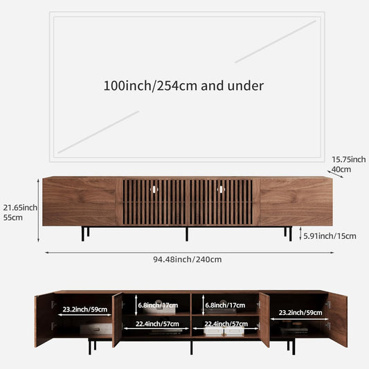 94.48" Mid Century Modern TV Stand for Tvs up to 70"-90",Tv Console with 4 Storage Cabinets, Media Furniture for Living Room or Bedroom,Walnut