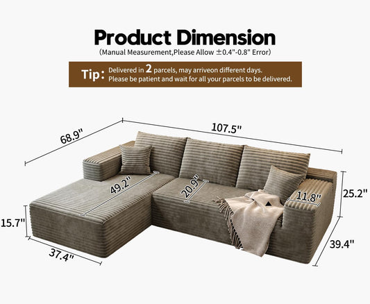 107.5" Cloud Modular Sectional Sofa Couch with L-Shape Chaise,Modern Minimalist Upholstered Couches for Living Room Bedroom,Deep Seat Corner Couch,No Assembly Required (Camel,Left Facing Chaise)