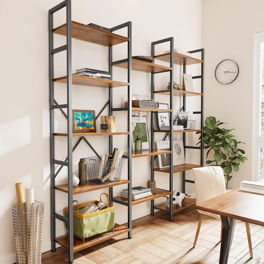 Triple Bookshelf, Bookcase with 11 Open Display Shelves, Wide Book Shelf Book Case for Home & Office, 5 Tier, Rustic Brown