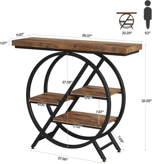 Console Table, 40-Inch Entryway Table with Storage Shelves, 4-Tier Industrial Hallway Sofa Table with Geometric Metal Frame, Accent Table for Living Room, Entryway, Rustic Brown