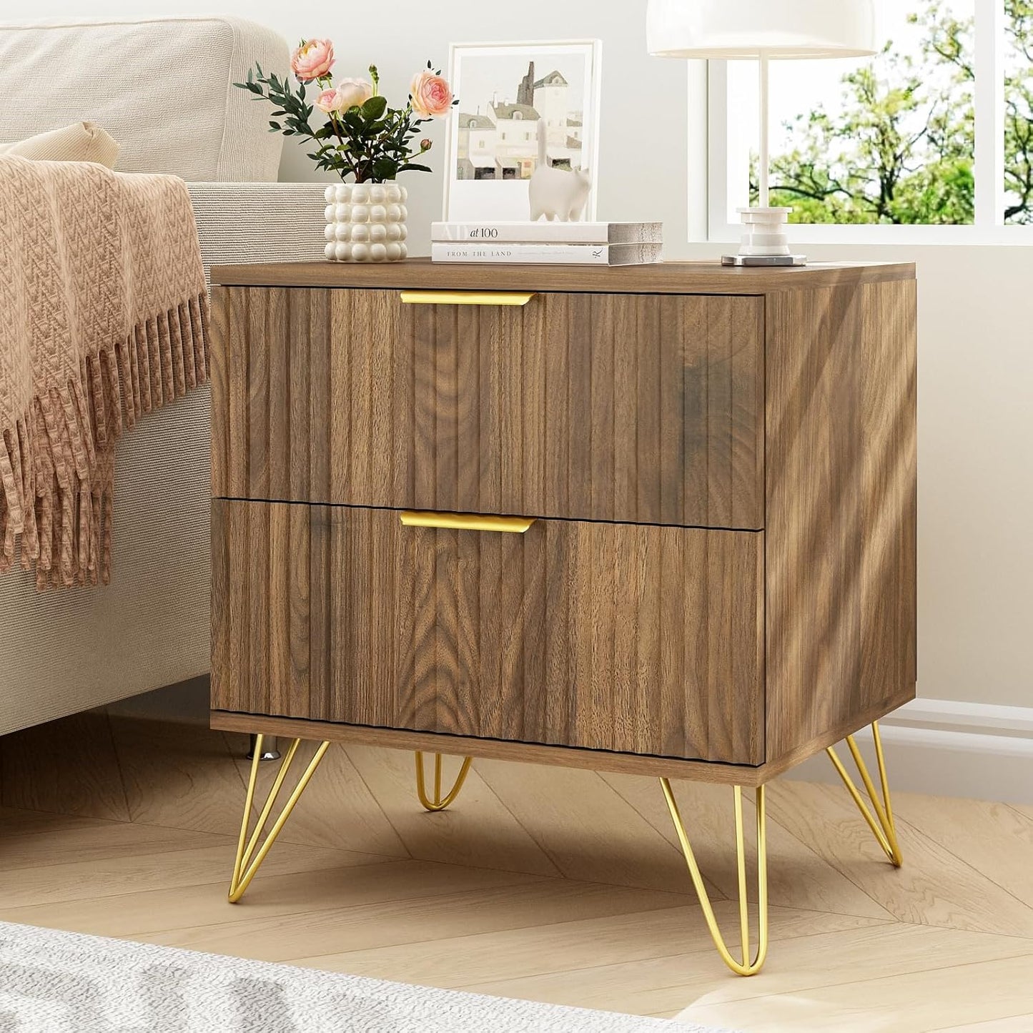 7 Drawer Dresser and Nightstand Sets for Bedroom, 3 Pcs Bedroom Set,Night Stand Set of 2 & 7 Drawer Dresser with Gold Handles, Wood Chest of Drawers Mid Century Storage Cabinet Set, Natural