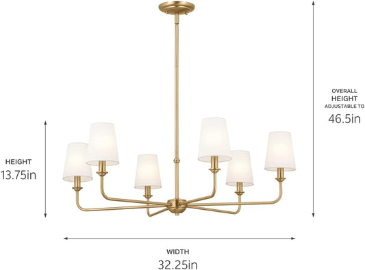 Pallas 6-Light Chandelier in Brushed Natural Brass, Classic Ceiling Light Fixture with Optional Linen Tapered Shades for Foyer, Living Room, or Dining Room, (32.25" W X 13.75" H), 52516BNB