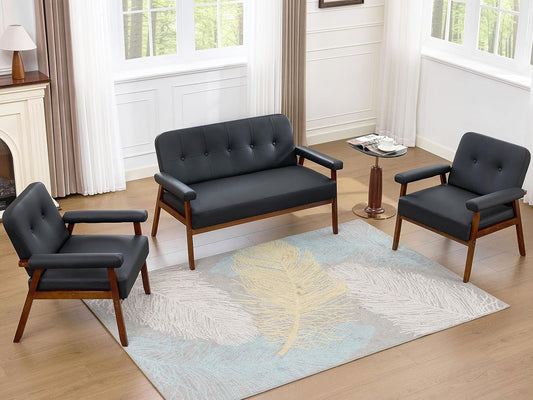 Black Leather Love Seat Sofa and Accent Chairs, Mid-Century Modern Office Furniture Loveseat Couch and Chair Set, Small Couches with Wood Arm, 3 Pieces Living Room Furniture Sets (3)