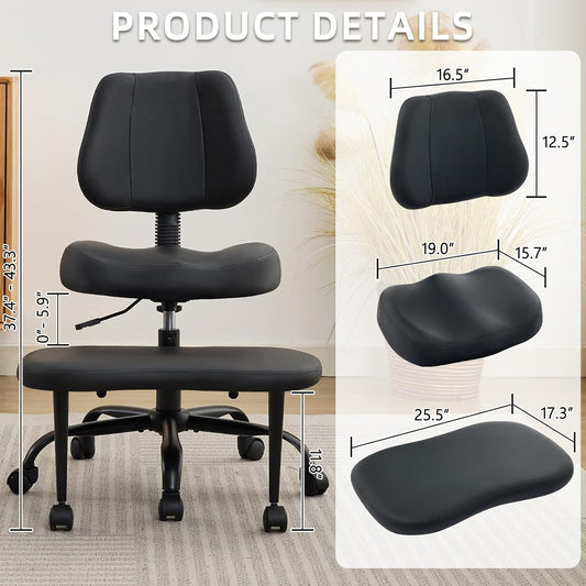Ergonomic Cross Legged Office Chair, Criss Cross Chair with Wheels, 360°Swivel ADHD Meditation Kneeling Yoga Seat with Adjustable Height, Ergonomic Back Support and Leg Rest, Leather (Black)
