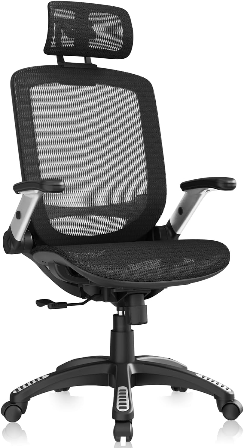 Ergonomic Office Chair, High Back Home Desk Chair with Headrest, Flip-Up Arms, 90-120° Tilt Lock and Wide Cushion, Big and Tall Mesh Chairs for Man Woman, Black Task Chair