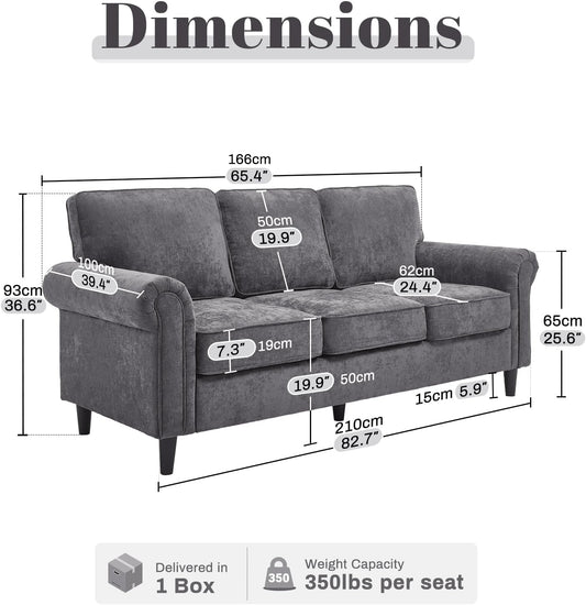 3 Seater Couch, Mid Century Modern Sofa with Rolled Arms and Deep Seats, Fluffy Comfort for Living Room, Apartment, Easy Assembly, Gray