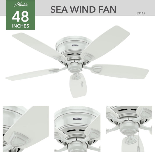 48 Inch Outdoor or Indoor Ceiling Fan No Light - Low Profile Mount, White Ceiling Fan without Light, for Patio, Porch, Garage, or Living Room, 5 Blades, Pull Chain - Sea Wind 53119, White