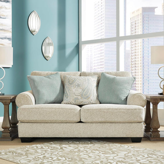 Monaghan Vintage Loveseat with Accent Pillows, Reversible Cushions and Rolled Arms, Beige