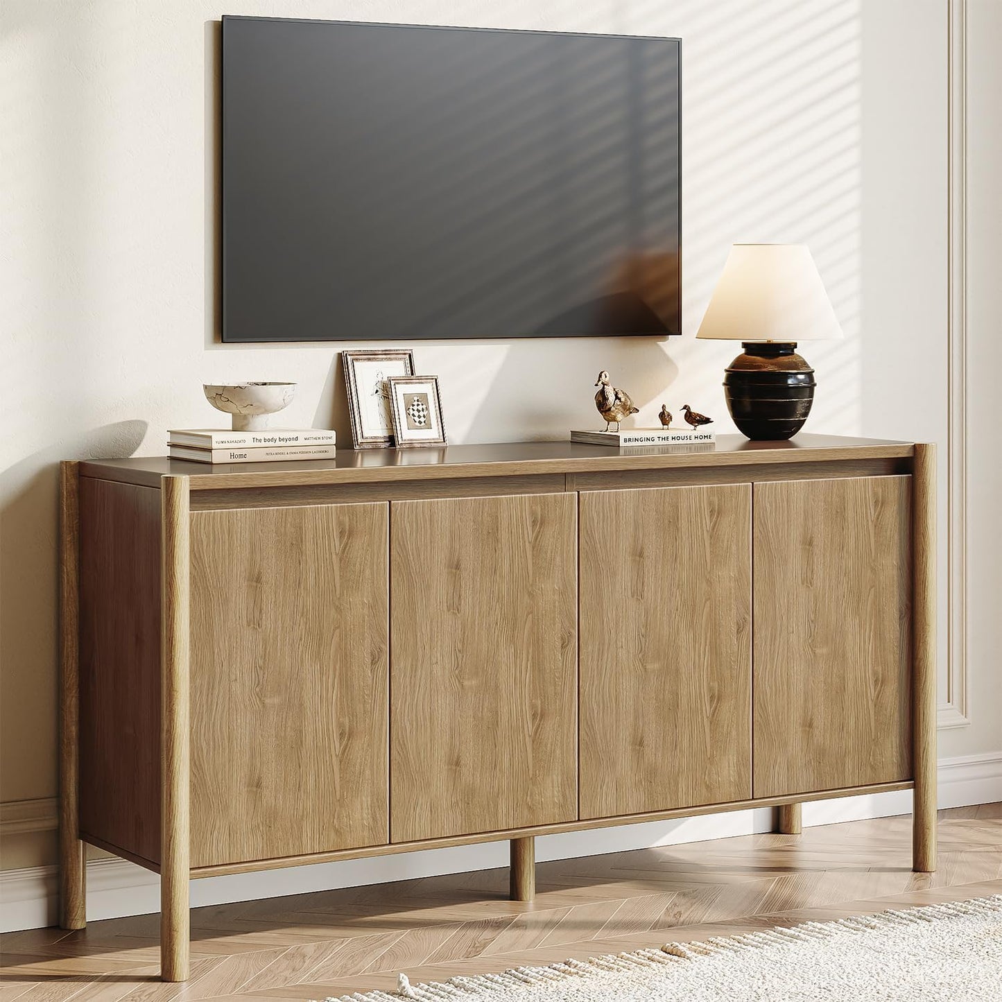 Sideboard Cabinet - 59" Mid Century Buffet Storage Cabinet with 4 Doors, Adjustable Shelves, and 4 Solid Wood round Legs- Perfect for Living Room (Oak)