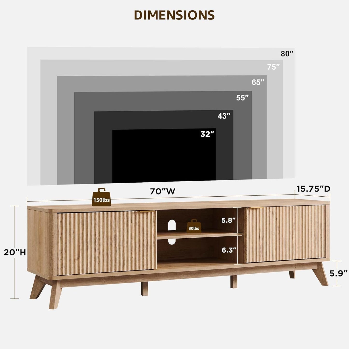 70" Mid Century Modern Fluted TV Stand, Entertainment Center, Sideboard, Media Console for Living Room with 2 Soft Close Door/Adjustable Shelves (Natural Oak)