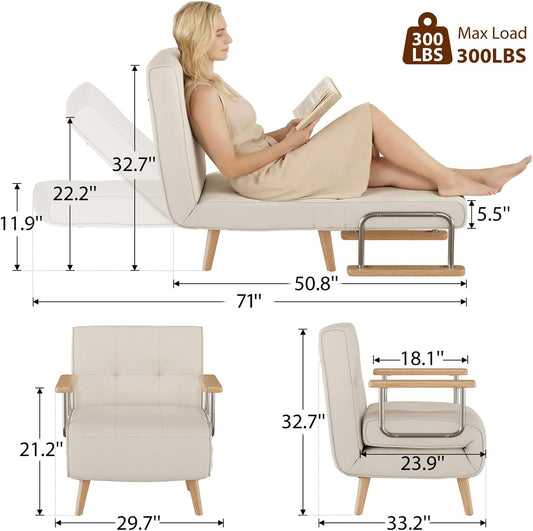 3 in 1 Convertible Sleeper Sofa Bed - Portable Rollaway Guest Bed Space-Saving Foldable Design for Easy Storage Futon Chair with 6-Level Adjustable Backrest for Guest Room Apartment Dorm, Cream Beige