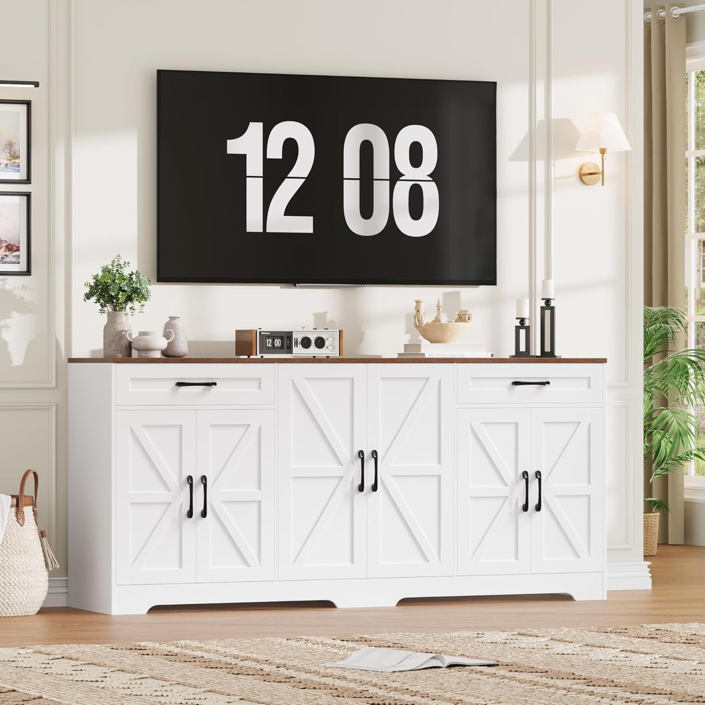 71” Large Sideboard Buffet Cabinet with Storage, Farmhouse Kitchen Buffet Cabinet with Adjustable Shelves and 6 Barn Doors, Wood Coffee Wine Bar Console Table for Kitchen, Dining Room, White