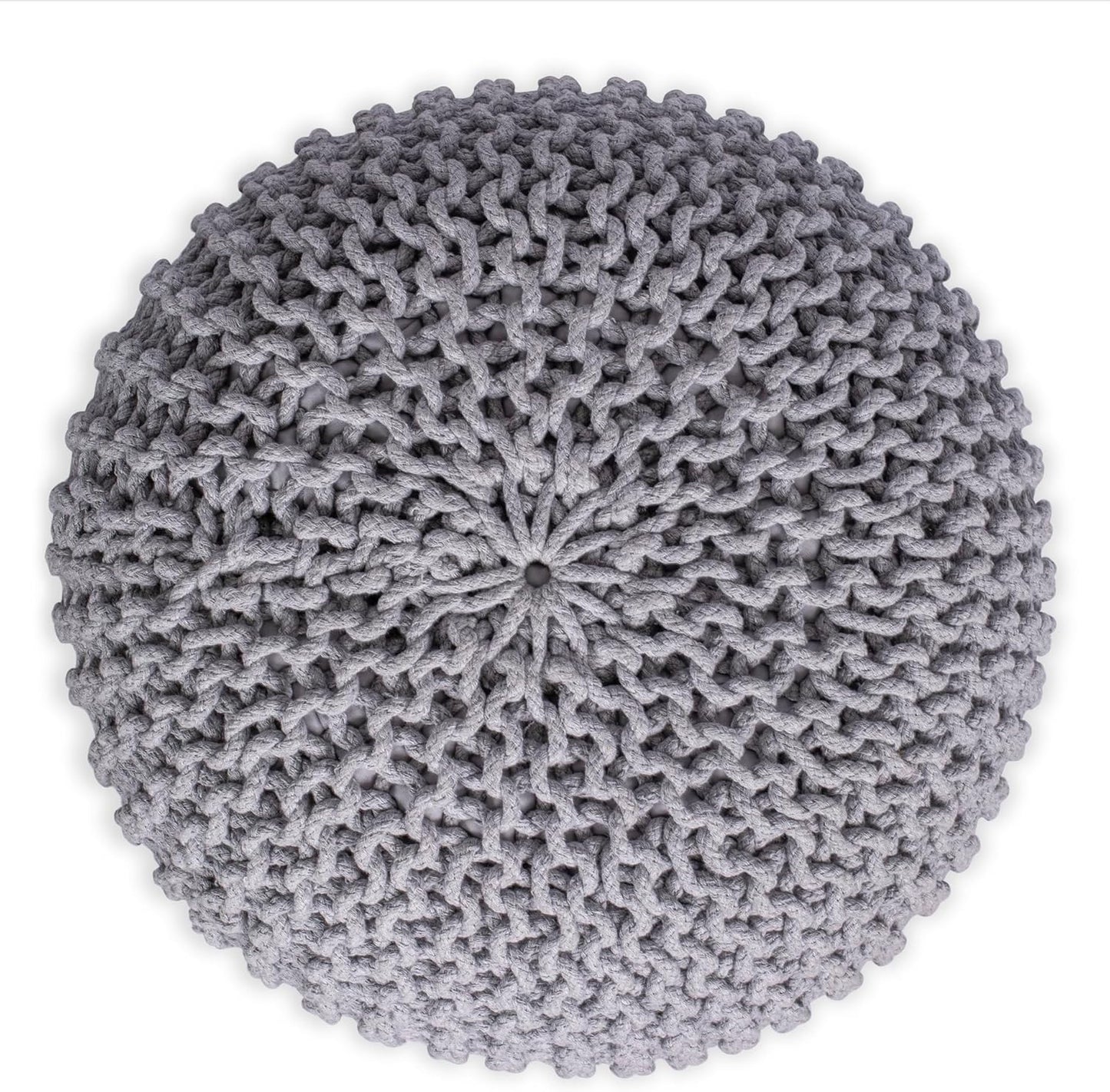 round Pouf Ottoman | Cotton Braided Foot Stool with Bean Bag Filling | Boho Foot Rest for Living Room & Bedroom | Compact & Comfortable Seating, Lightweight & Soft | Light Grey