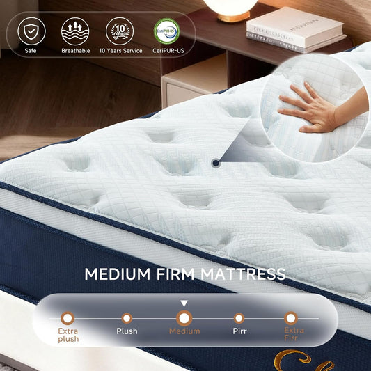 Full Mattress 12 Inch, Full Size Hybrid Mattress in a Box, Medium Firm Cooling Memory Foam Bed Mattresses with Individual Pocket Springs, Breathable, Fiberglass-Free, Certipur-Us