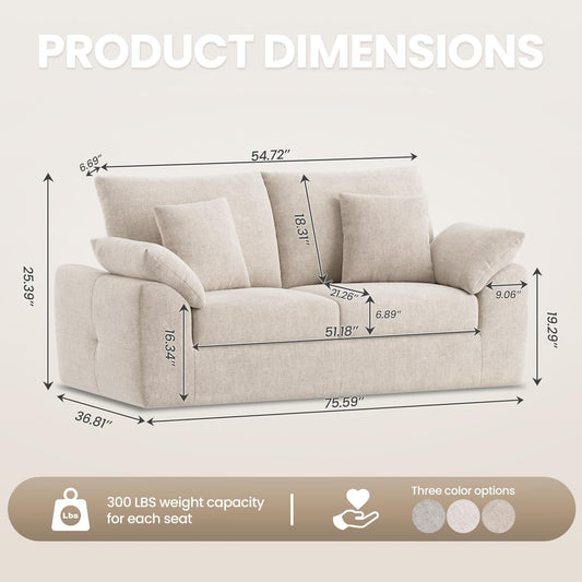 75.6" Modern Loveseat Sofa for Living Room, Cloud Boneless Couches with 4 Pillows, Mid Century Loveseat Couches for Small Place, No Assembly Required, Camel