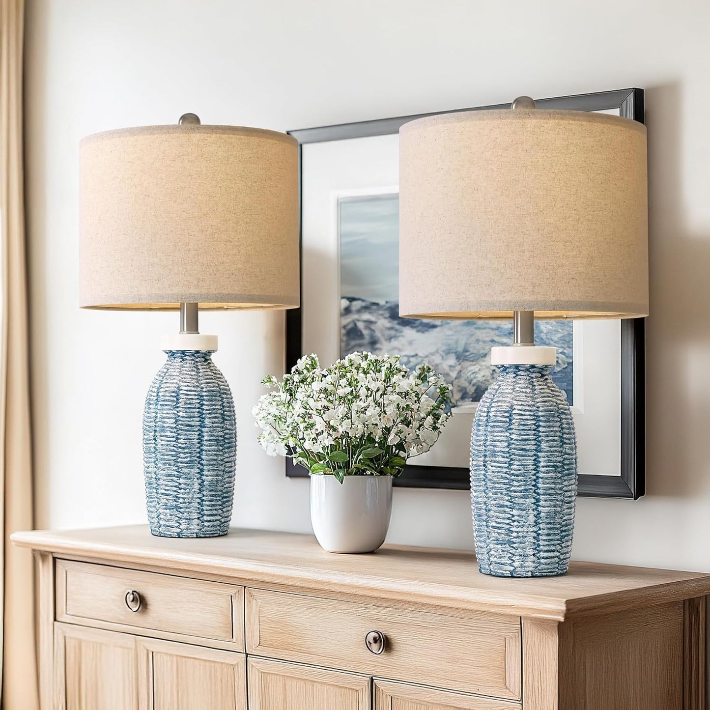 22.75" Table Lamps for Bedroom Living Room Boho Lamp Set of 2 Farmhouse Lamp Bedside Nightstand Small Rustic Vintage Retro Modern Table Lamp Light Home Office Desk Deco Gifts, Blue