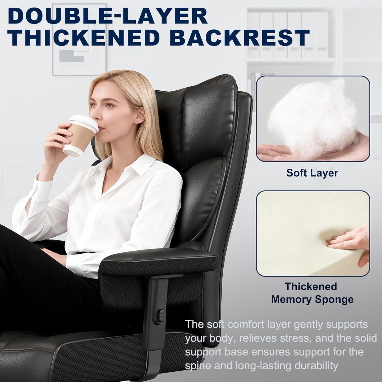 Big and Tall Office Chair with Footrest, High Back Executive Desk Chair with Adjustable Lift Armrest, 155°Recline,Lumbar Support Pillow, Faux Leather Gaming Chairs for Home or Office Black