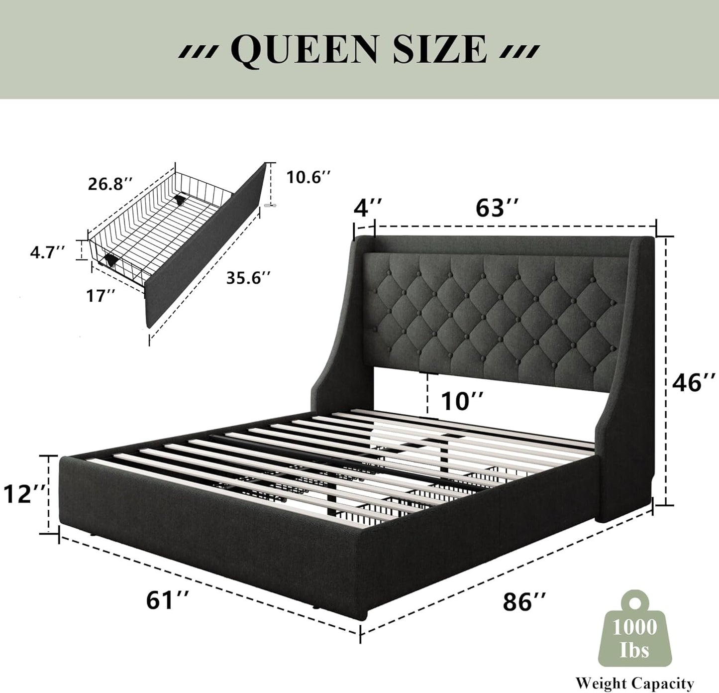 Queen Bed Frame with 4 Storage Drawers, Upholstered Storage Bed with Charging Station, Tufted Wingback Headboard, No Box Spring Needed, Dark Grey