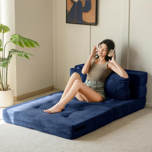 Convertible Sofa Bed, Fold Out Loveseat Sleeper Sofa with Pillow, 4 in 1 Tufted Folding Couch Bed Foam Floor Couch, Lazy Chair for Living Room Bedroom Guest Room, Navy