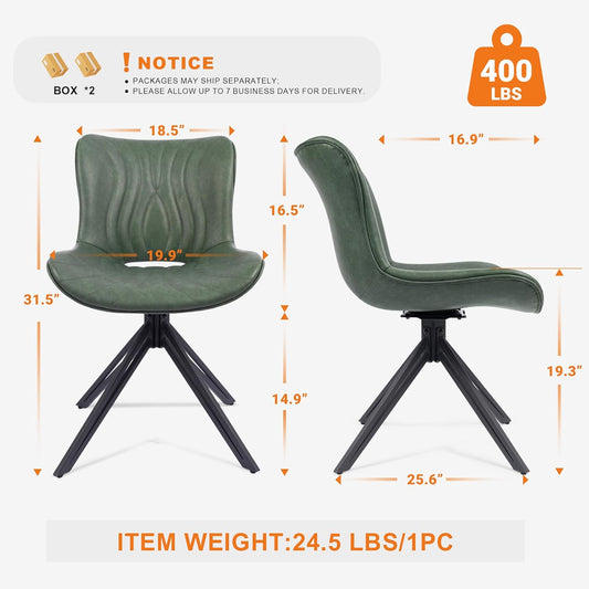 Dining Chairs Set of 4, 360° Swivel Upholstered Mid-Century Modern Kitchen Dining Room Chairs, Armless Faux Leather Accent Side Chair with Padded Back,Metal Legs for Living Room Bedrooms,Green