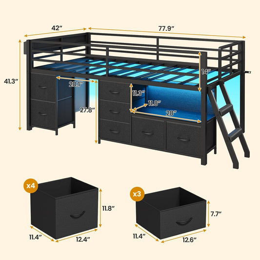 Low Loft Bed Twin Size with 7 Storage Drawers, Bookcase and LED Lights, Metal Kids Loft Bed with 14" H Safety Guardrail,Inclined Ladder and Play Curtain, Under-Bed Play Space, Black
