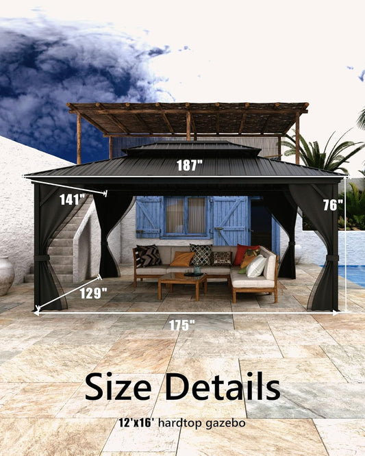 Hardtop Gazebo 12 Ft X16 Ft for All Weather, with Double Metal Roof, Net, and Curtain, Permanent Building for Patio, Deck, Backyard, Lawn, and Garden