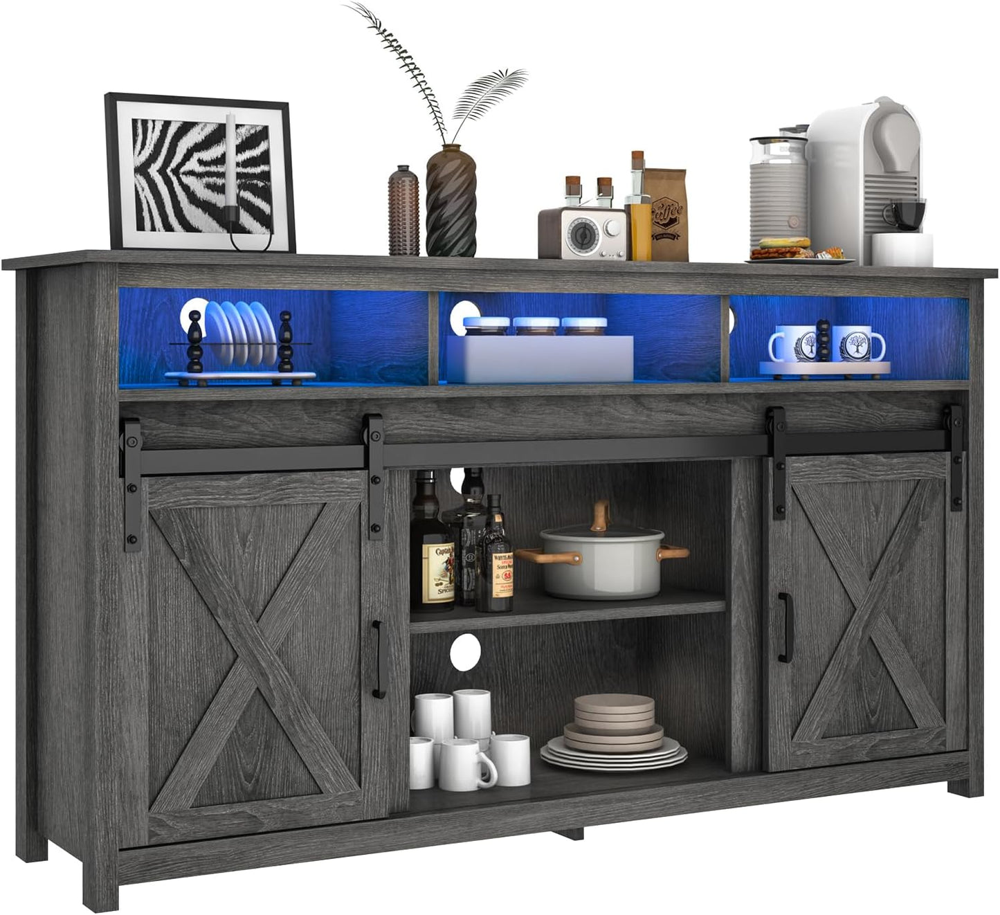 Farmhouse Coffee Bar Cabinet with Power Outlet, Rustic Sideboard Buffet Storage Cabinet with Storage, Wood Serving Table Cupboard for Dining Room, Living Room, Wash Grey