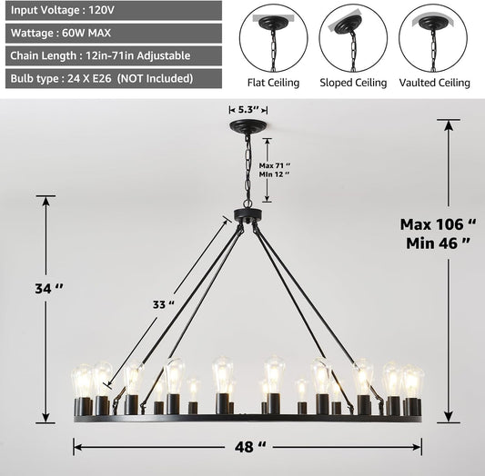 48-Inch Wagon Wheel Chandelier 24-Light, Extra Large Black Chandeliers, round Rustic Farmhouse Outdoor Chandelier for High Ceilings, Dining Room, Living Room, Foyer, E26