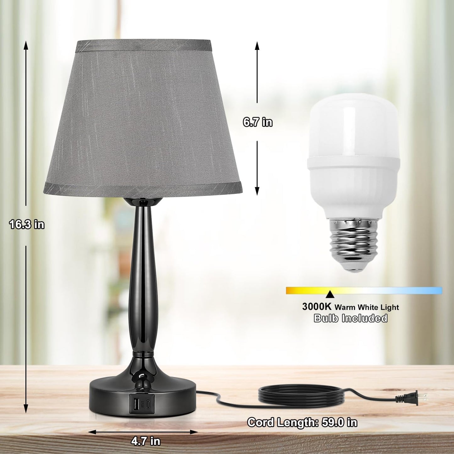 Touch Table Lamp for Bedroom, Small Bedside Lamp with USB C Charging Port, 3 Way Dimmable Touch Control Nightstand Lamp for Living Room and Office, LED Bulb Included